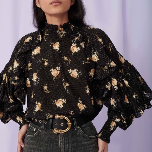NEW Maje black floral ruffle sleeve mock neck long sleeve blouse - Picture 1 of 14